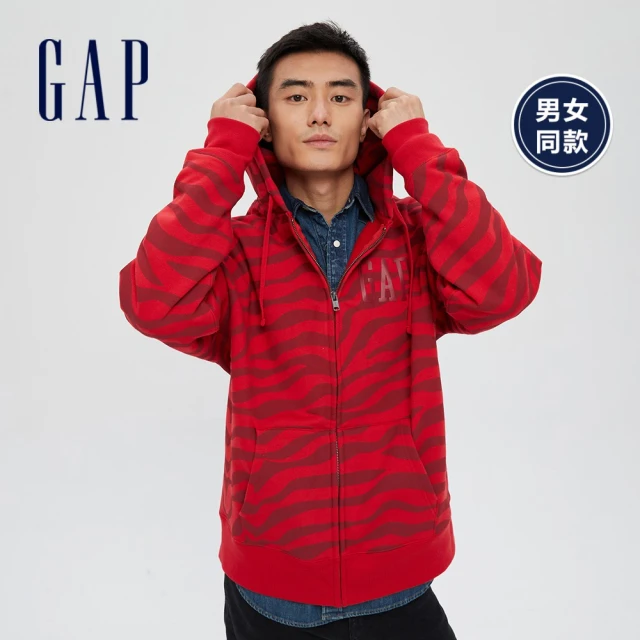 GAP【GAP】男裝 碳素軟磨系列 虎紋Logo刷毛連帽休閒外套(762914-紅色)