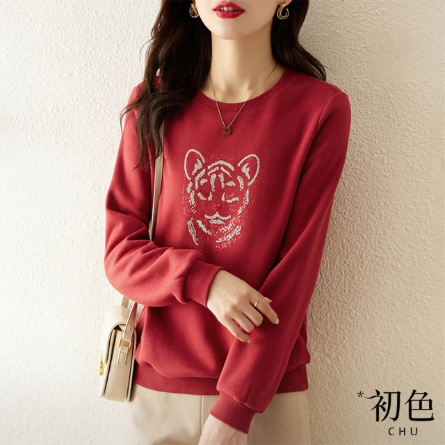 【初色】老虎亮片圓領T恤-紅色-91645(M-2XL可選)