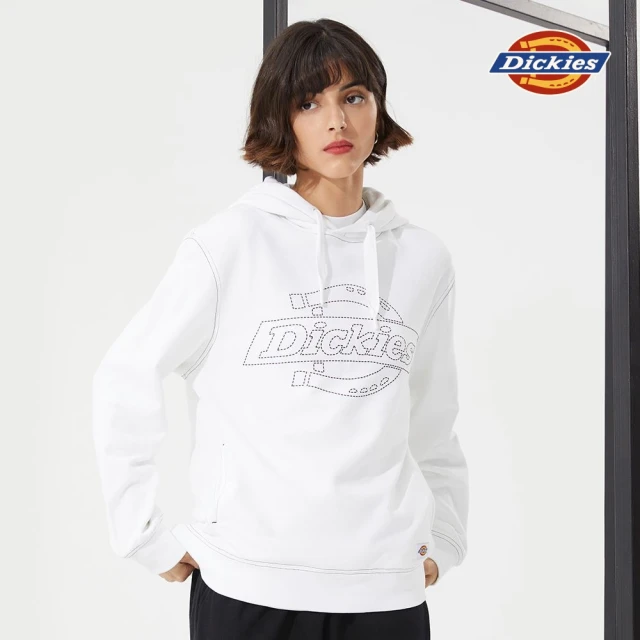 Dickies【Dickies】女款白色純棉壓線風格設計印花連帽大學T｜DK010156C4D