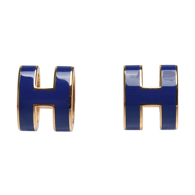 【Hermes 愛馬仕】經典Pop H立體簍空橢圓LOGO耳環(皇家藍/金H608001F-ROYLE BLUE-OR)