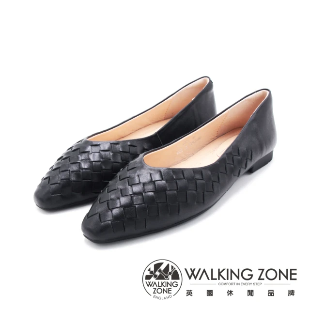 【WALKING ZONE】女 菱格編織羊皮方頭平底鞋 女鞋(黑)