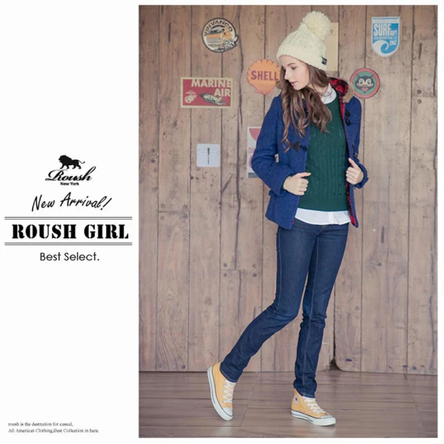 Roush【Roush】女生格紋毛帽設計牛角釦大衣(51051)