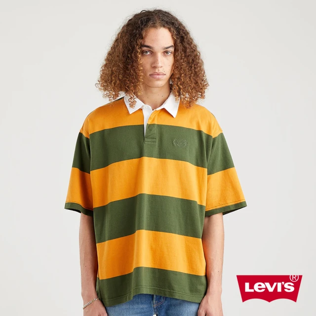 【LEVIS】男款 重磅短袖條紋Polo衫 / Oversize寬鬆版型 / 學院徽章設計 / 310GSM厚棉-人氣新品