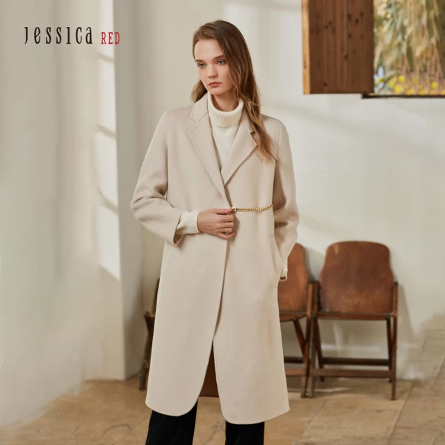 【Jessica Red】簡約氣質鏈條腰帶長款羊毛大衣外套（白）814ZC8