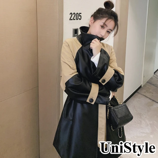 UniStyle【UniStyle】2022新款韓系摩登率性拼接收腰顯瘦長袖PU皮革皮外套 女 ZM2259-8907(黑)