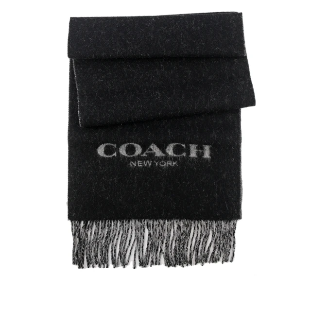 COACH【COACH】Logo 羊毛混喀什米爾雙色圍巾(黑色/灰色)