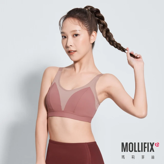 【Mollifix 瑪莉菲絲】撞色山型拼接運動內衣(藕灰+乾玫)