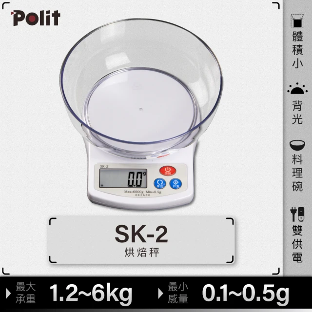 【Polit 沛禮】SK-2 電子秤 最大秤量6kgx感量0.5g(附贈透明碗 入門款 烘焙秤 料理秤)