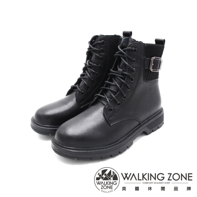 【WALKING ZONE】女 經典時尚真皮襪套造型中筒靴 女靴(黑)