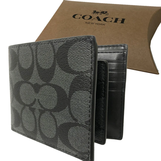 COACH【COACH】C LOGO 8卡男款短夾附活動證件夾禮盒(黑灰)