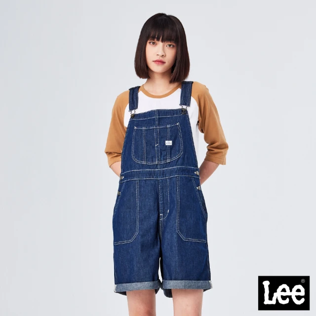 【Lee】寬鬆休閒 女吊帶牛仔短褲-深藍洗水