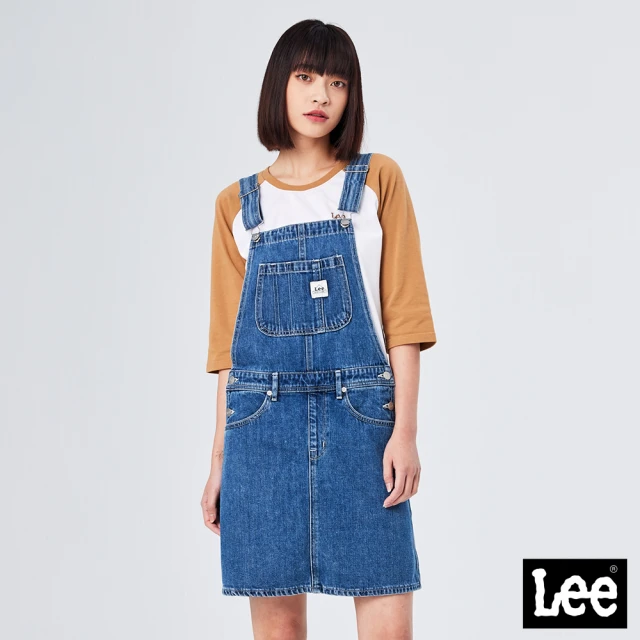 Lee【Lee】寬鬆休閒 A字裙 女吊帶牛仔短裙-中藍洗水