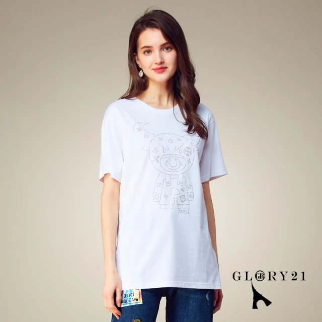 GLORY21【GLORY21】新品-卡通貼鑽圖騰棉短袖上衣(白色)