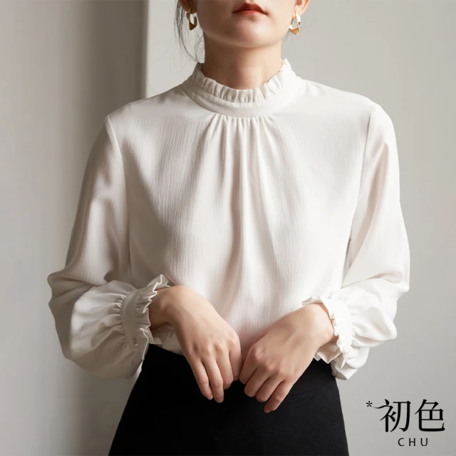 【初色】浪漫法式木耳領雪紡衫-白色-60180(M-2XL可選)