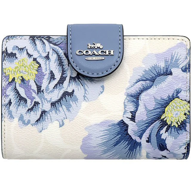 【COACH】白X藍花朵PVC滿版LOGO寬版釦式零錢袋中夾