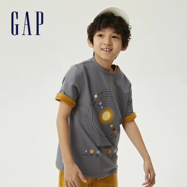 【GAP】男童 純棉印花寬鬆短袖T恤(825594-灰色)