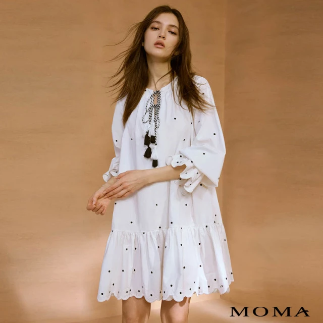 【MOMA】小花刺繡流蘇綁帶短洋裝(白色)