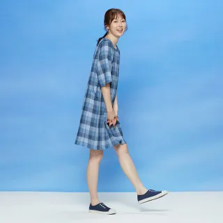 【Yvonne Collection】雙層棉大格方領五分袖洋裝(藍)