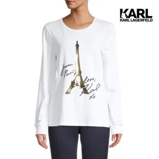 【KARL LAGERFELD 卡爾】金屬艾菲爾鐵塔草寫簽名長Tee-白(經典巴黎設計/潮流白T恤/簡約設計/百搭好穿)