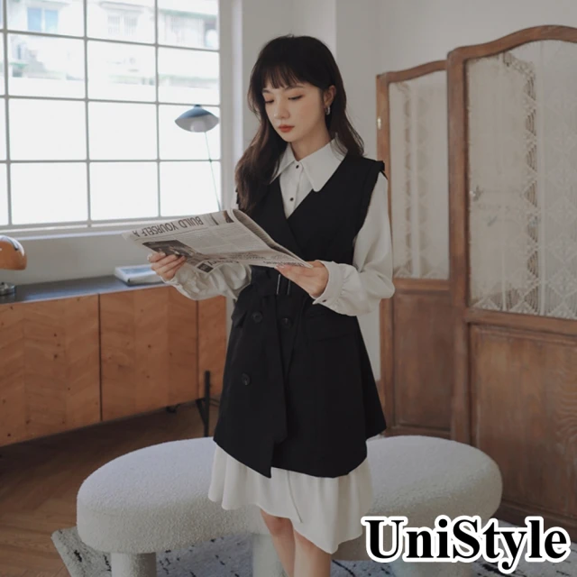 【UniStyle】韓系都會時尚遮肚顯瘦西裝背心長袖連身洋裝兩件式套裝 女 ☆ZM239-2201(裙子背心)