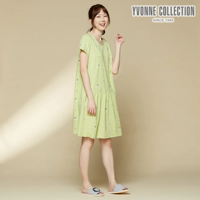 【Yvonne Collection】獅子印花下擺抽皺短袖洋裝(新芽綠)