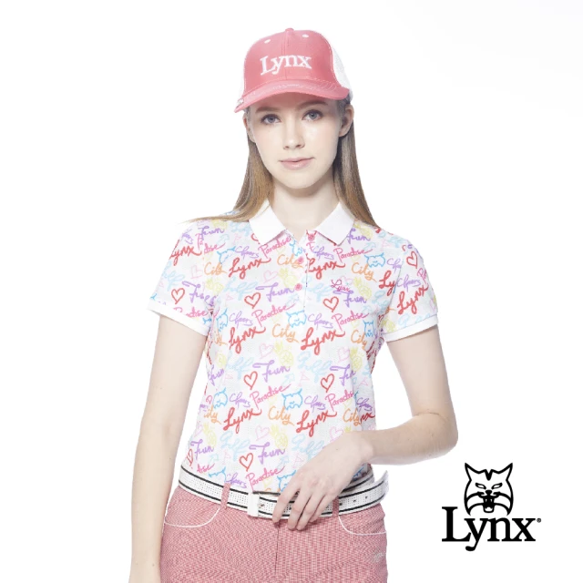 【Lynx Golf】女款吸排涼感合身版洞洞布繽紛英文印花短袖POLO衫/高爾夫球衫(白色)