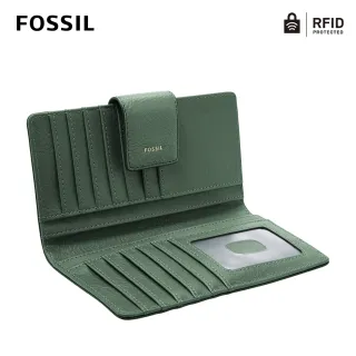 【FOSSIL】Logan 真皮扣式RFID防盜中長夾-冷杉綠色 SL7830297