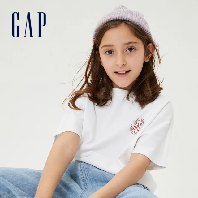 【GAP】女童 厚磅密織系列 Logo純棉馬卡龍色短袖T恤(837189-白色)