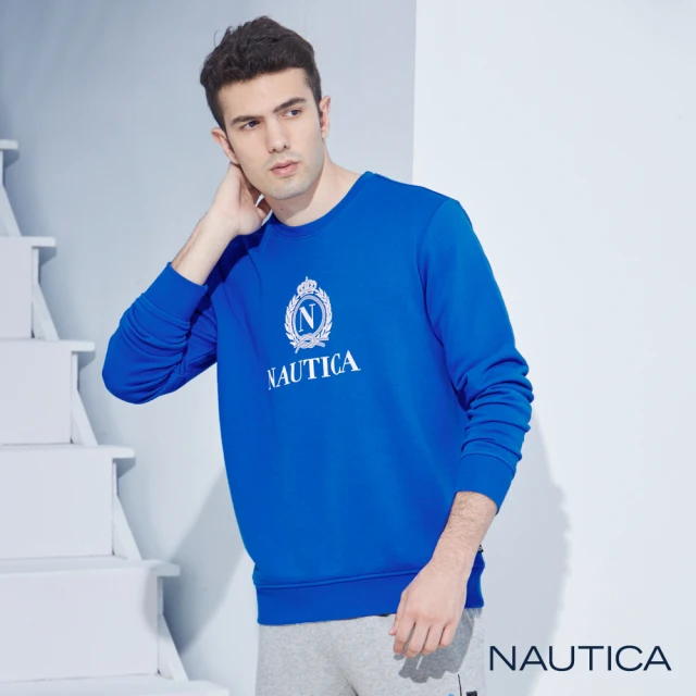 NAUTICA【NAUTICA】男裝簡約圖騰長袖大學T恤(寶藍)