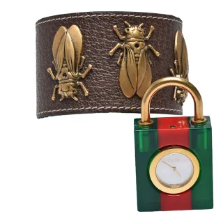 【GUCCI 古馳】經典珍珠母貝綠紅綠鎖頭造型皮革手錶(咖啡YA150503)