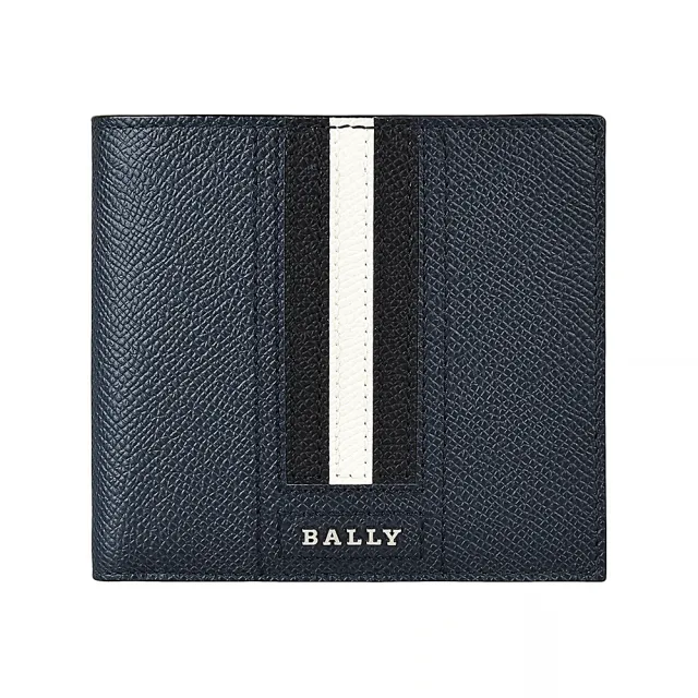 【BALLY】BALLY  Trasai銀字LOGO防刮牛皮黑白條紋設計8卡對折男士短夾(新藍)