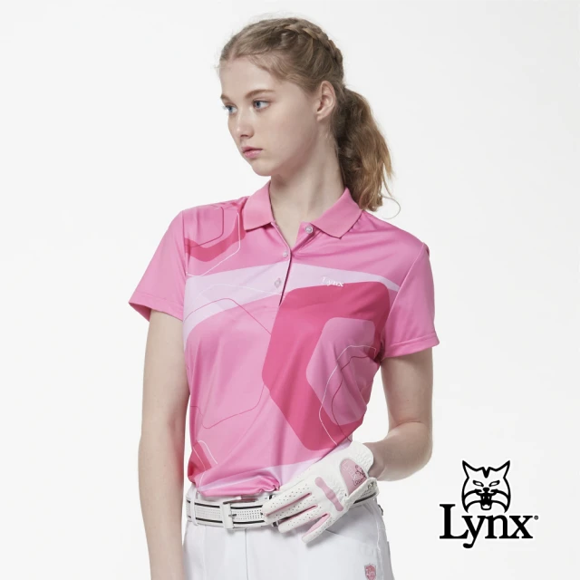 Lynx Golf【Lynx Golf】女款吸濕排汗羅紋領漸層不規則線條印花短袖POLO衫(水藍色)