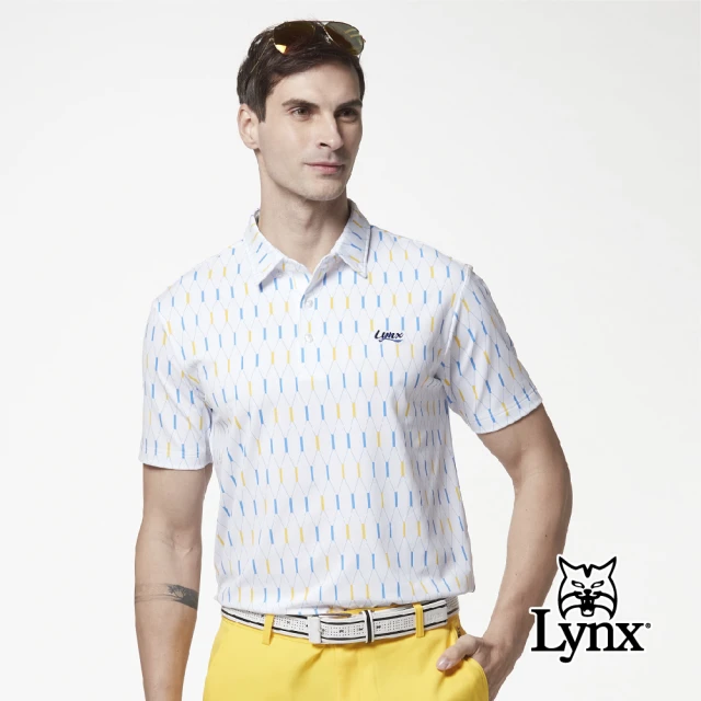 Lynx Golf【Lynx Golf】男款吸濕排汗領尖扣設計滿版菱型印花短袖POLO衫(白色)