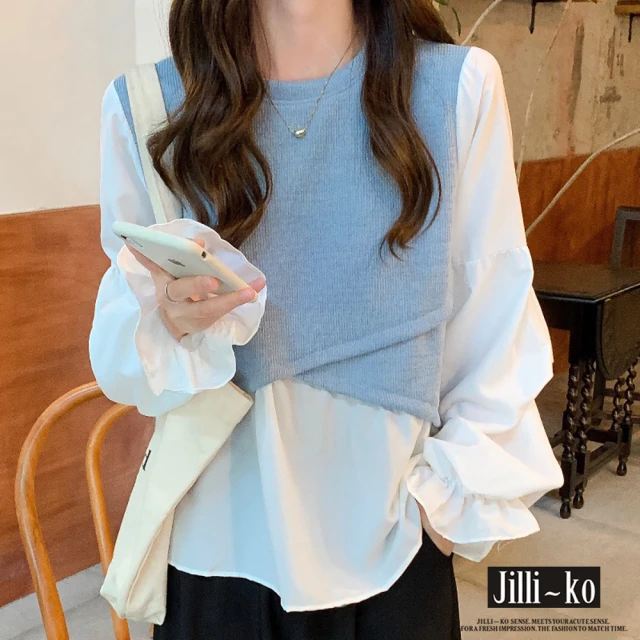 JILLI-KO【JILLI-KO】設計感長袖襯衫撞色假兩件襯衫氣質上衣圓領衛衣-F(藍)