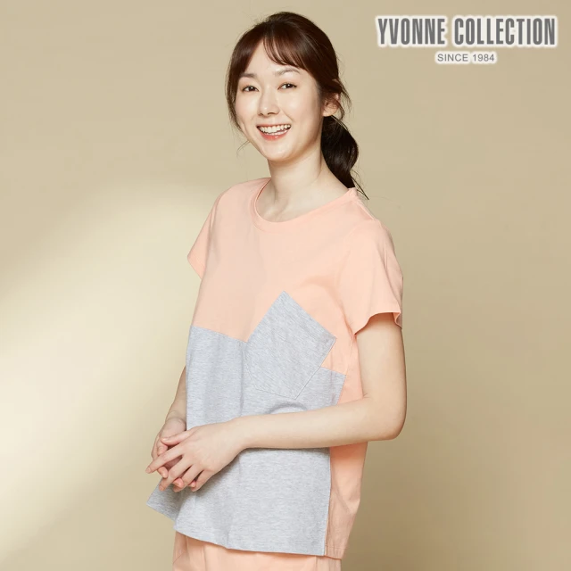 【Yvonne Collection】上下色塊拼接短袖上衣(蜜瓜橘)