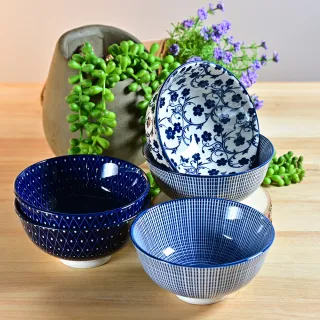 【YU Living 信歐傢居】日式復古藍陶瓷釉碗三件組 飯碗(三件一組 / 320ml /3款可選)