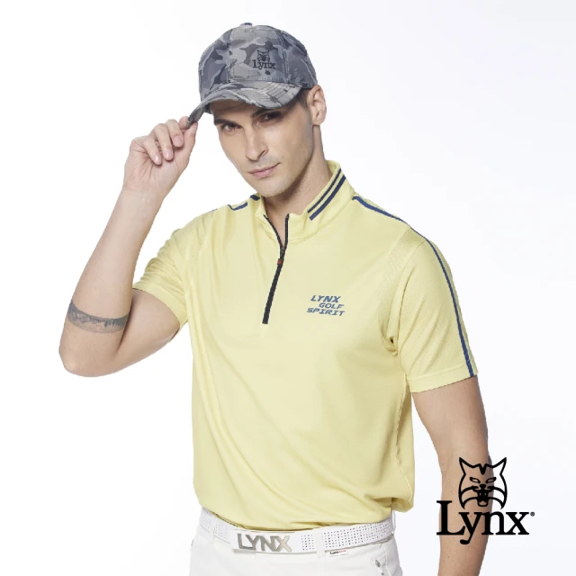 【Lynx Golf】男款吸汗速乾涼感Mesh洞洞布異材質剪接短袖立領POLO衫/高爾夫球衫(黃色)