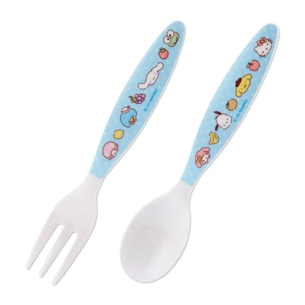 【小禮堂】Sanrio大集合 兒童美耐皿叉匙組 《藍白水果款》(平輸品)