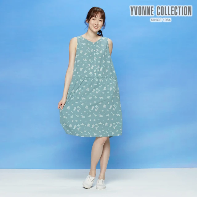 Yvonne Collection【Yvonne Collection】剪影花半開襟無袖洋裝(淺藍綠)