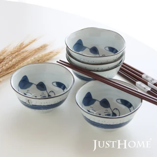 【Just Home】日式暖暖貓陶瓷飯碗附筷10件組(飯碗/原木筷)