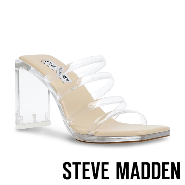 【STEVE MADDEN】LUCITE 透明方頭粗扁跟涼拖鞋(透明)