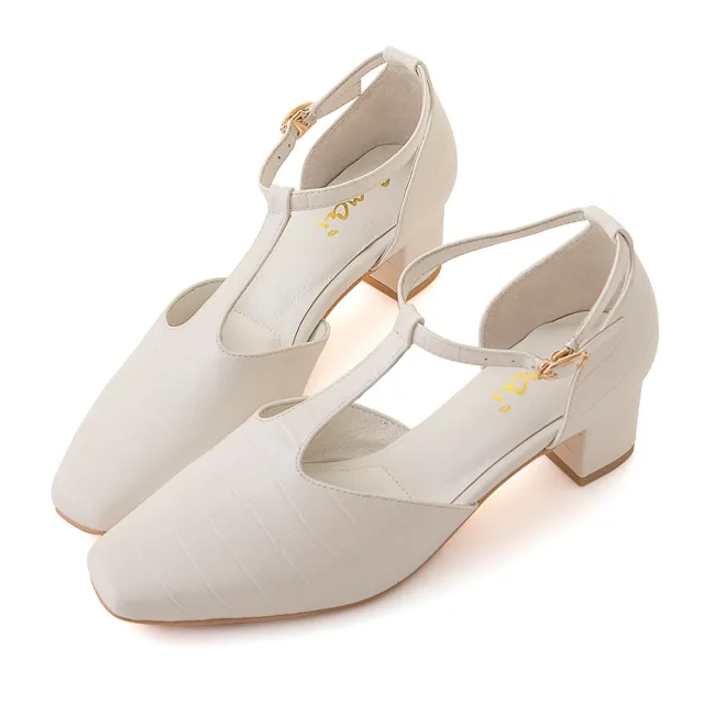 【amai】大理石紋復古瑪莉珍小方頭粗跟鞋 中跟鞋 GC09WT(白色)