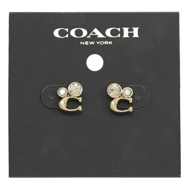 【COACH】專櫃款 經典字母C LOGO鑲鑽時尚耳環(淡金)
