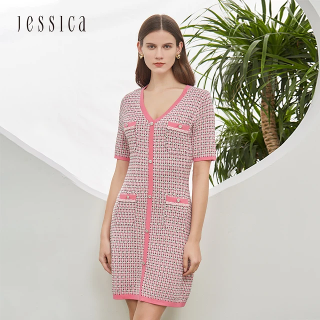 JESSICA 氣質優雅收腰寬裙擺短袖洋裝235702（紅）