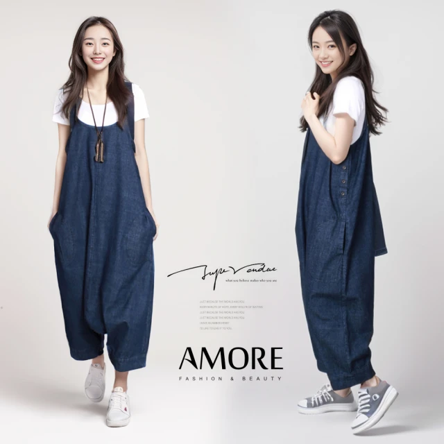 【Amore】日韓文青率性牛仔吊帶褲(輕鬆穿搭氣質單品)