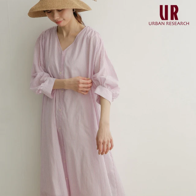 【URBAN RESEARCH】DOORS 直條紋V領開襟洋裝(薄且微透的棉質洋裝)