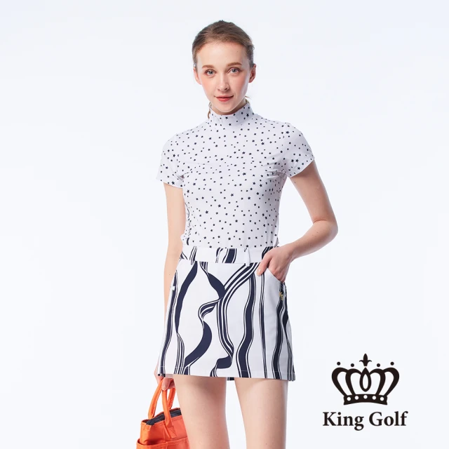 KING GOLF【KING GOLF】女款滿版星星印花線條撞色印圖涼感小立領上衣/高爾夫球衫(白色)