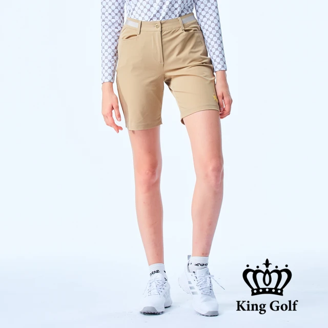 KING GOLF【KING GOLF】女款立體刺繡織帶拼接素面舒適修身休閒短褲/高爾夫球褲(卡其)