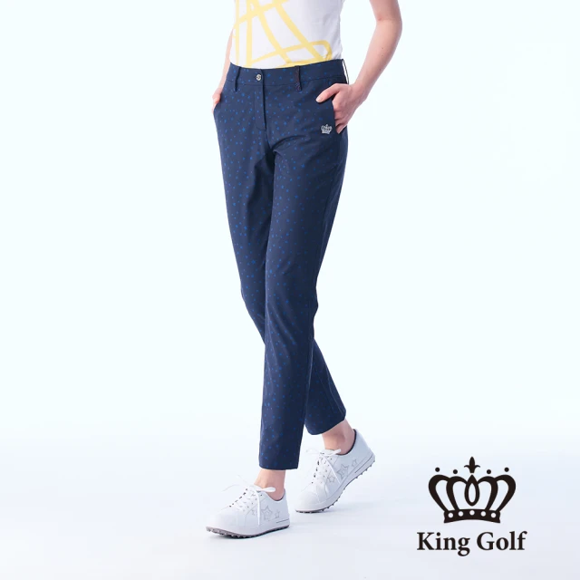 【KING GOLF】女款立體刺繡皇冠鋁片滿版星星印圖舒適素面修身休閒長褲/高爾夫球褲(丈青)