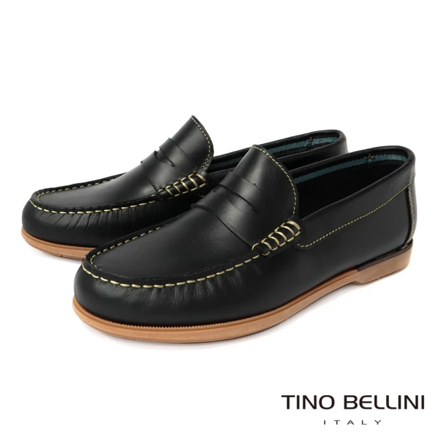 【TINO BELLINI 貝里尼】男款 葡萄牙進口撞色縫線橫飾休閒樂福鞋HM4O0015(黑)